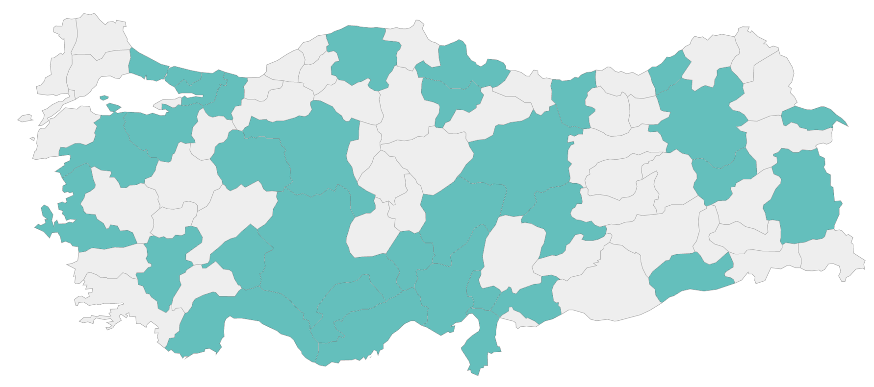Türkiye haritası üzerinde Anlatan Eller Dijital Okulu'na üye olan kişilerin şehirleri koyu renkte belirtilmiştir.